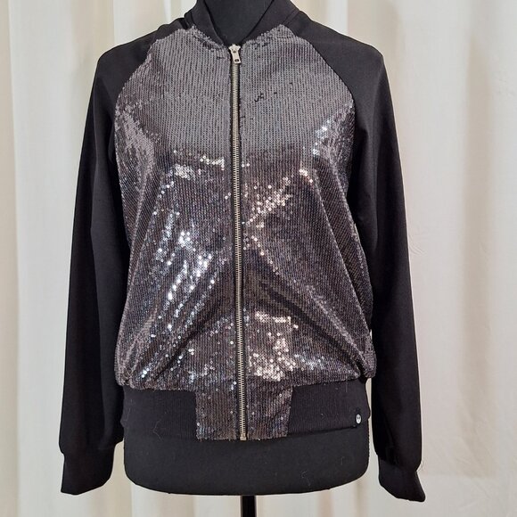 Sequin Bomber Jacket Black Silver Womens Juniors Large Rebel Alliance Star Wars - Picture 1 of 13